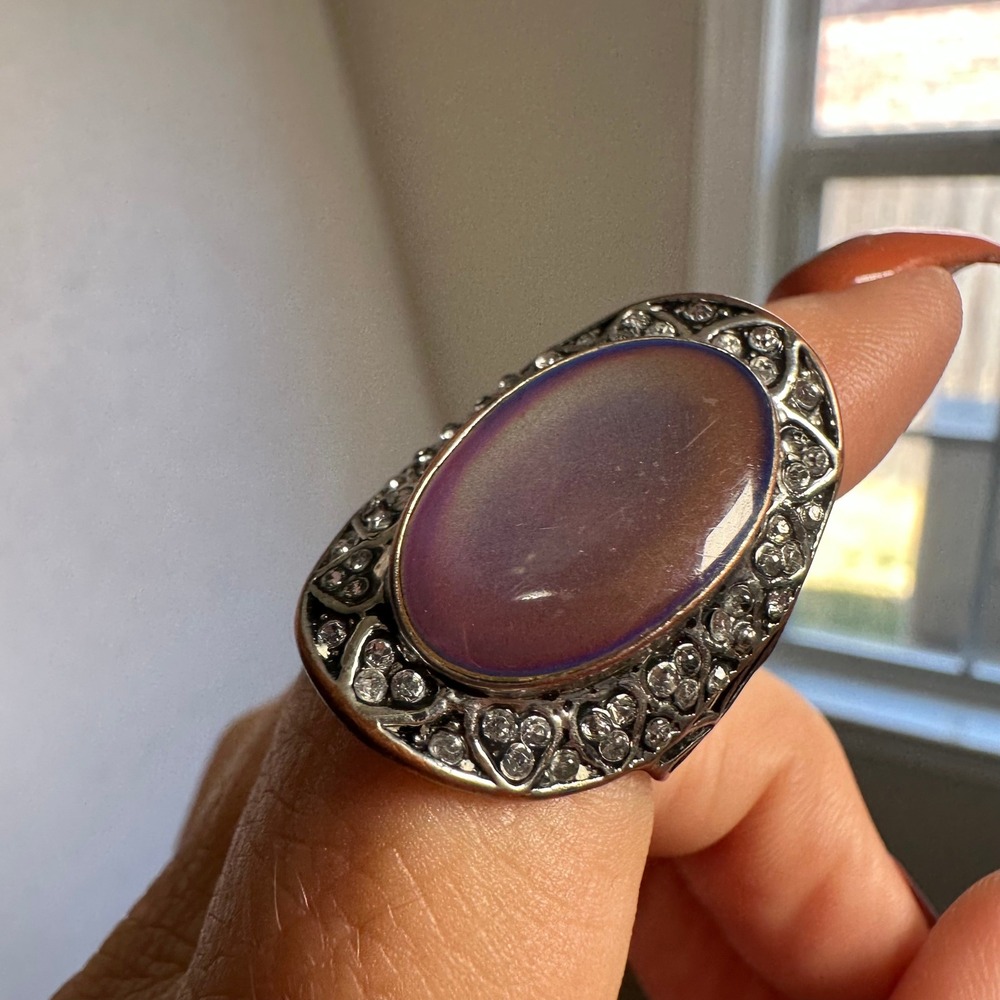 Vintage Style Oval Mood Ring Rhinestone Filigree Silver Tone Cocktail Ring 8.5